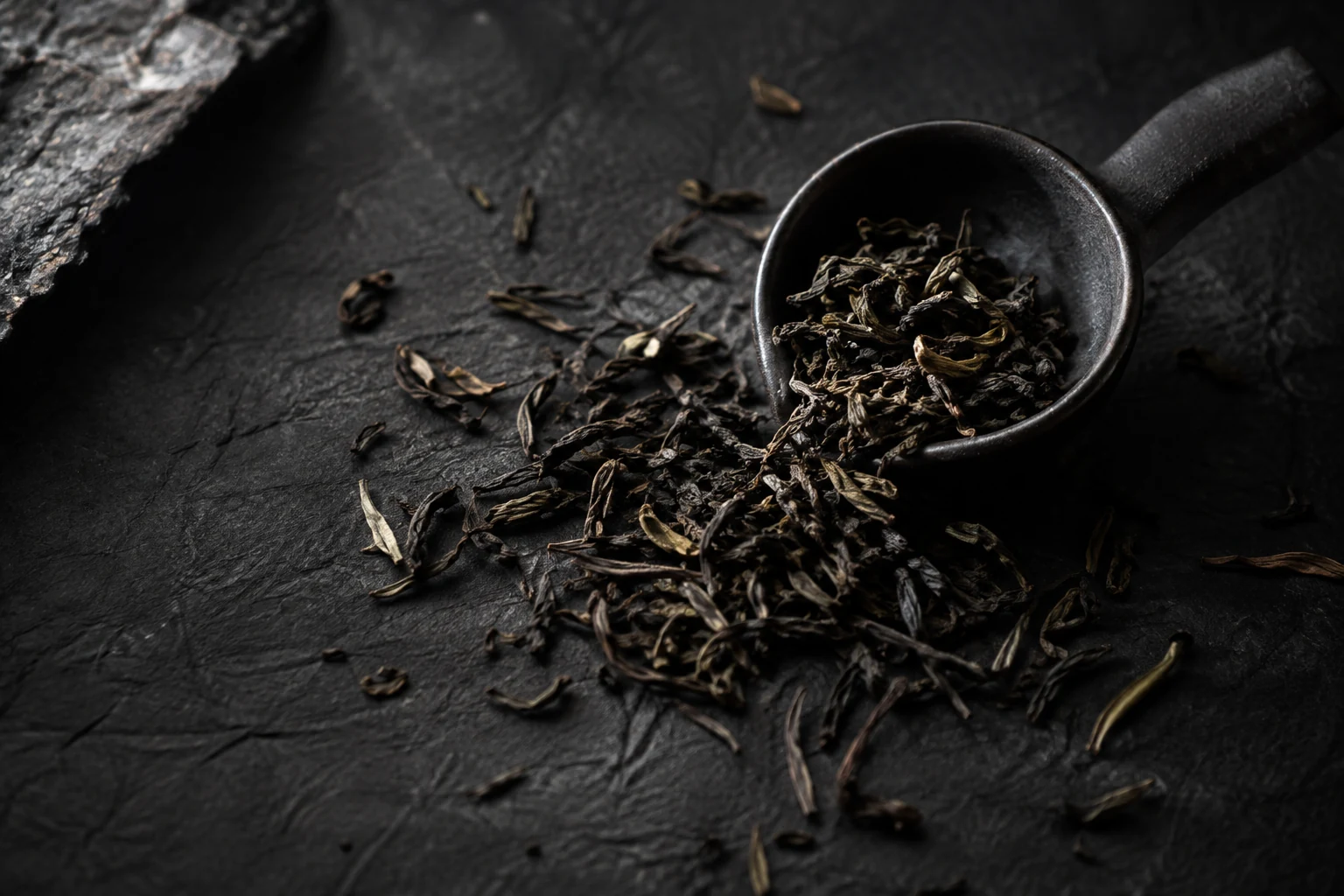 黒い紙の上に広がる茶葉と茶さじ