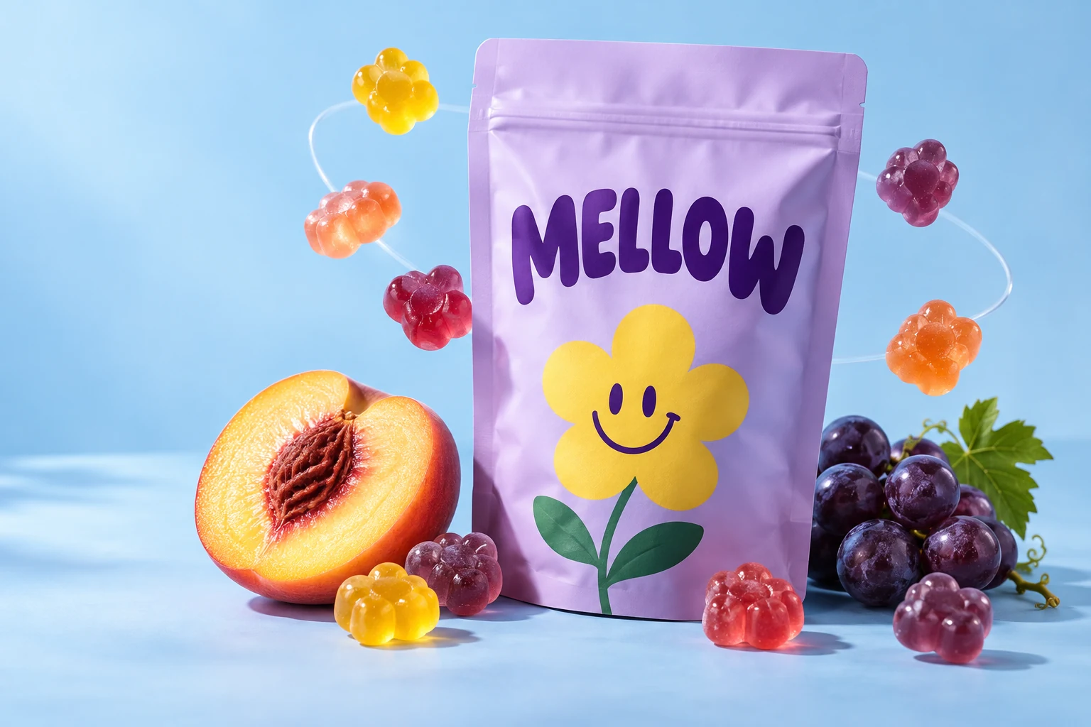 MELLOWのパッケージとフルーツグミの生成商品写真