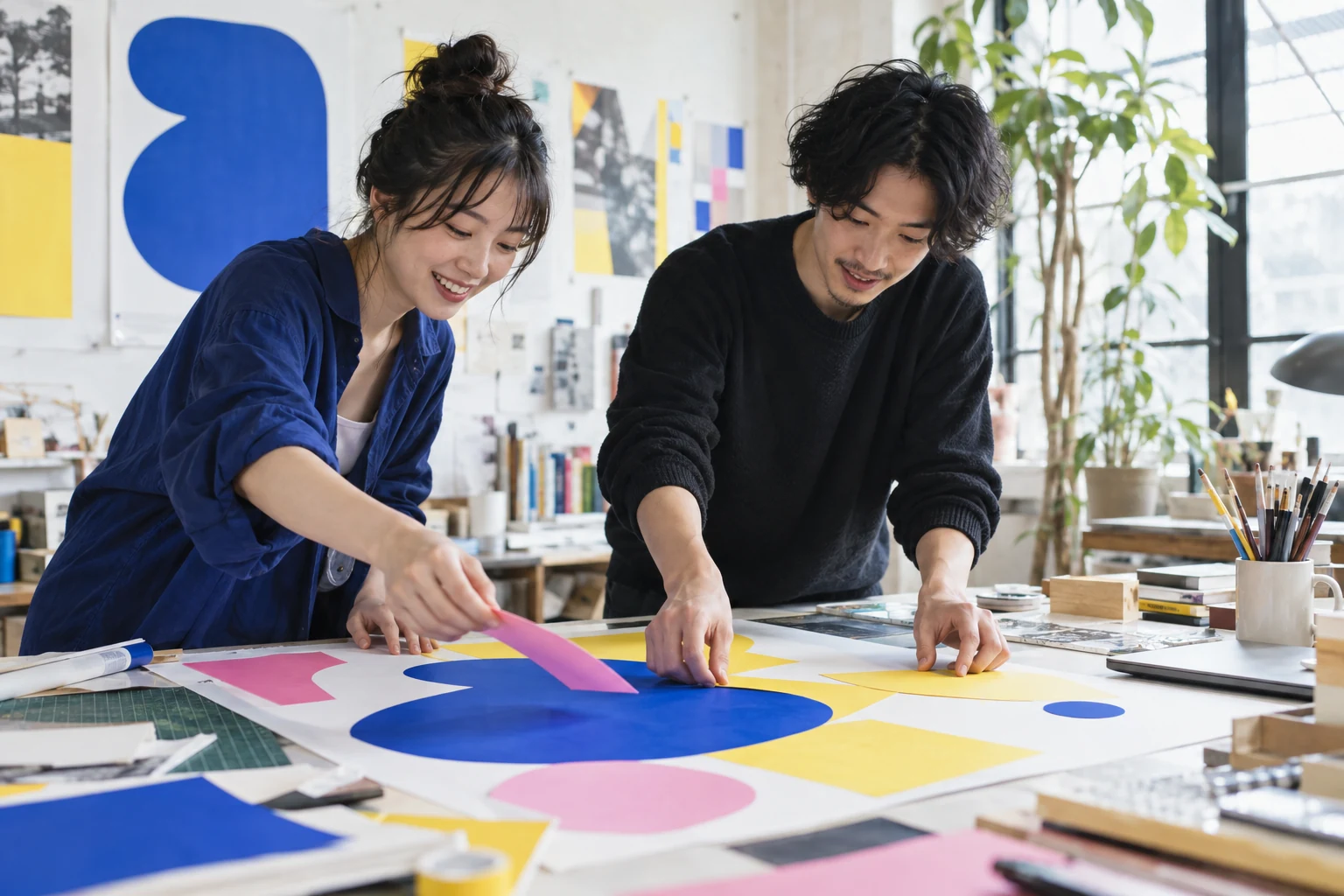 スタジオでポスターデザインに取り組む大人の二人