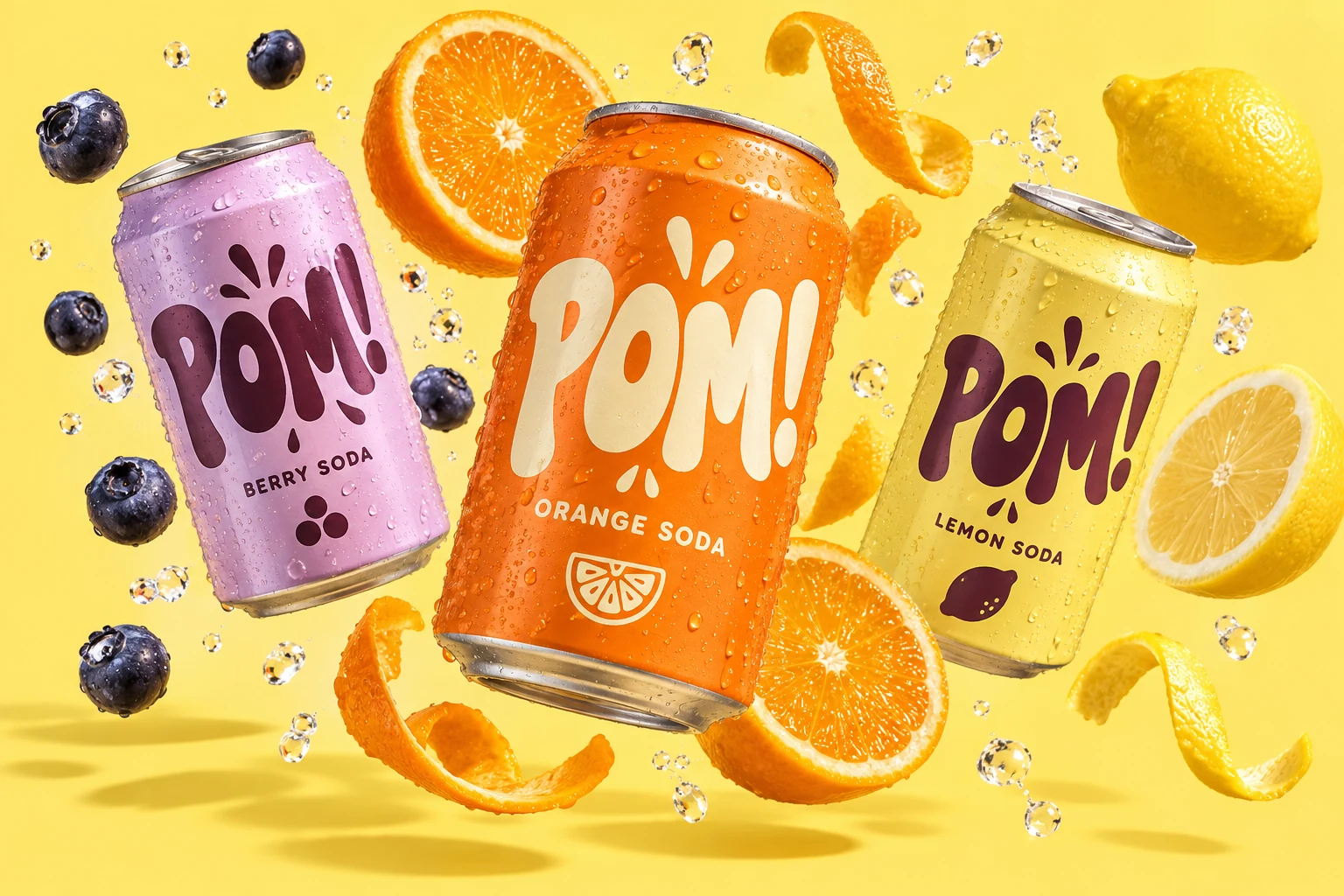 POM!のオレンジ・ベリー・レモンの3缶と、はじけるフルーツ